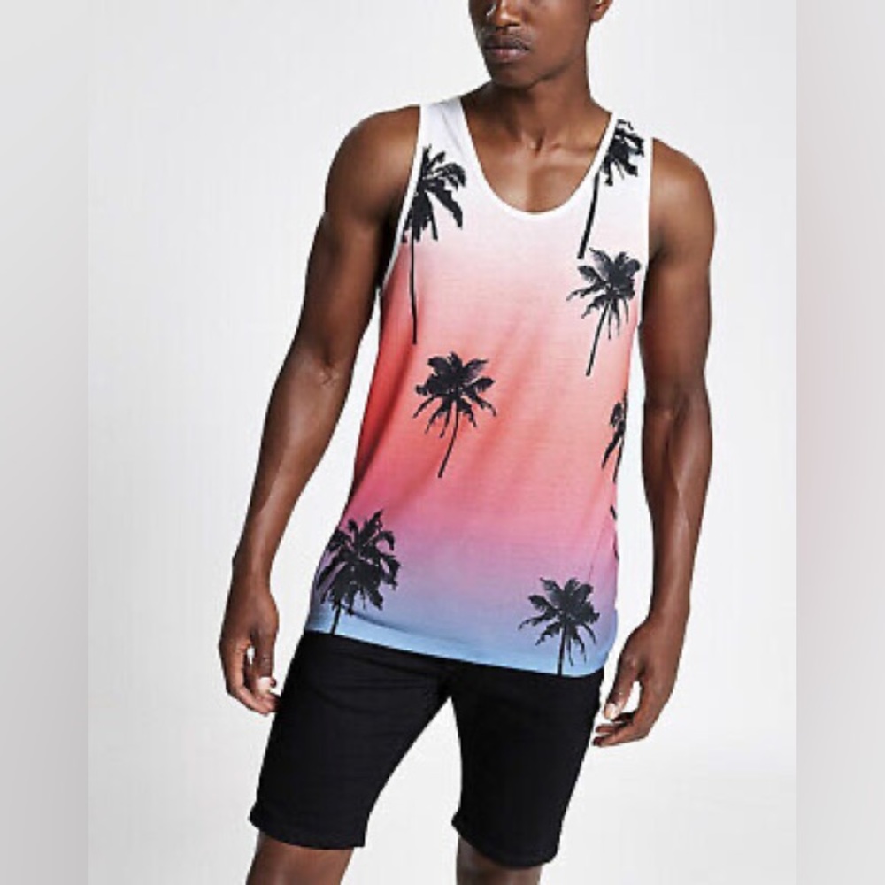 River Island Coral Palm Print Slim Fit Tank Top